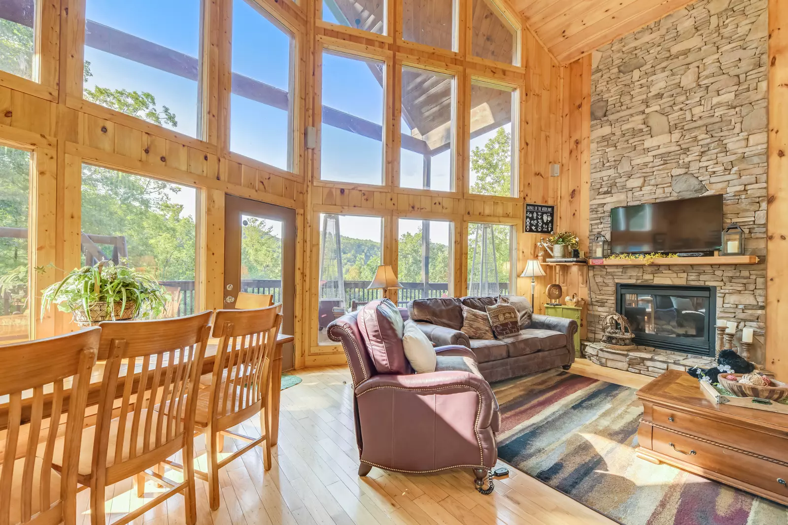 living room with fireplace and mountain views
