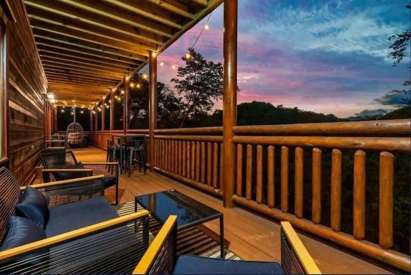 seating on a cabin deck at sunset