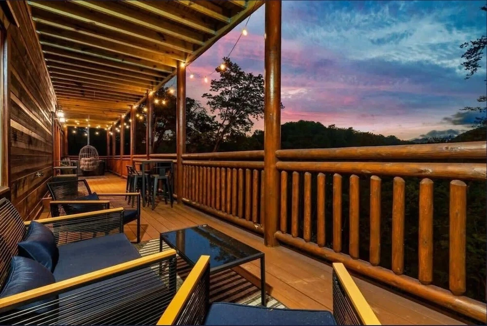seating on a cabin deck at sunset